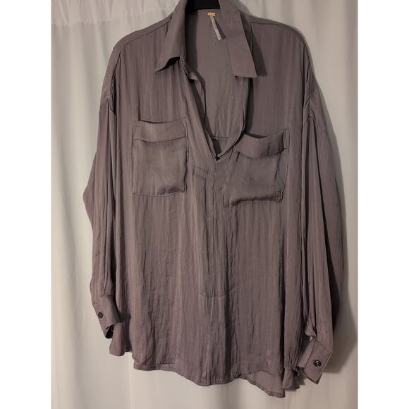 Free People XS Purple silky 2 front pockets long sleeve lightweight - Picture 2 of 6